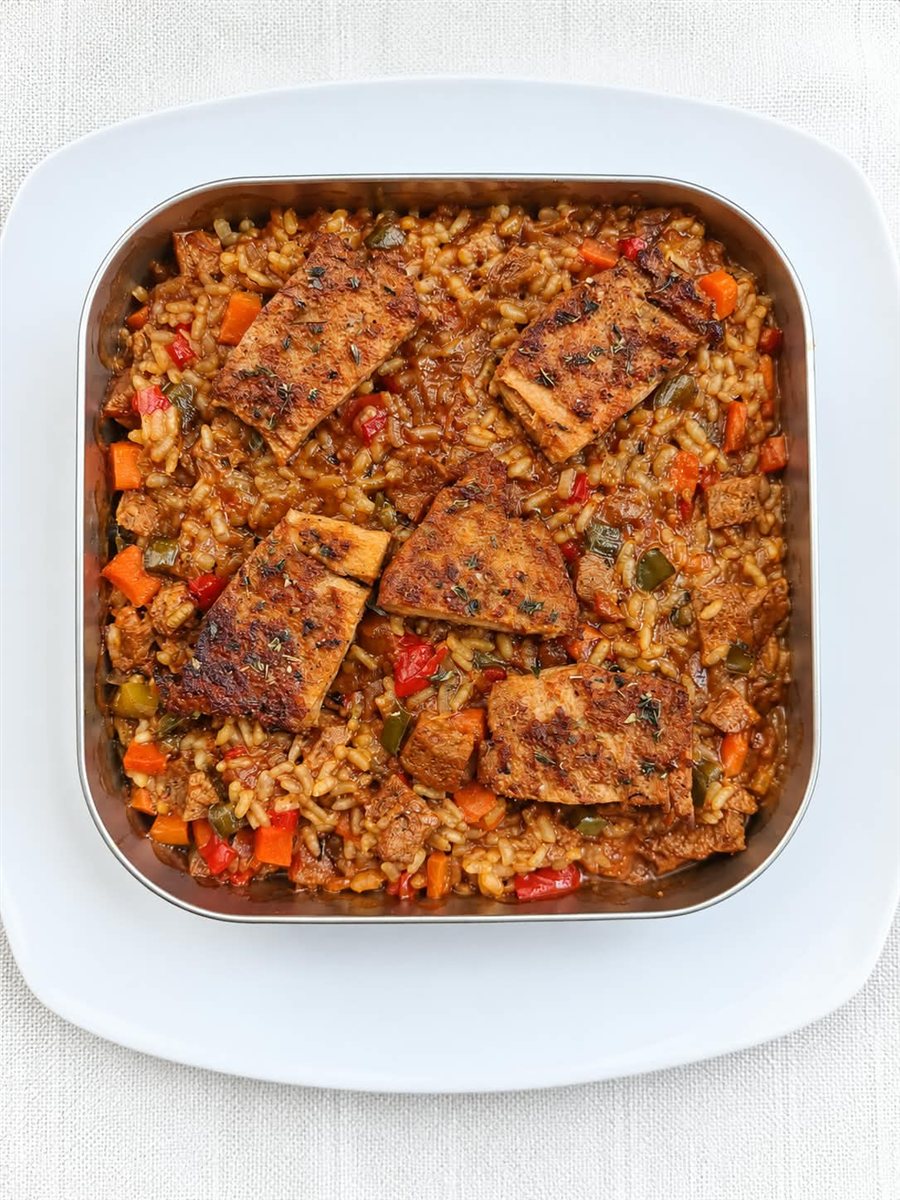 Arroz a la llauna con escalopes vegetales